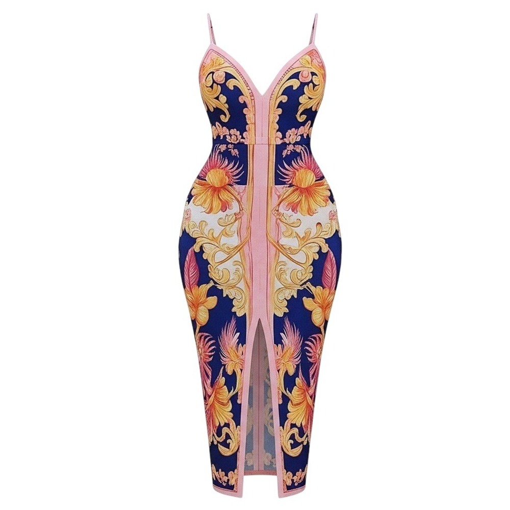 New XS Pink Floral Sleeveless Midi Pencil Maxi Dress Ruched Split Cami‎